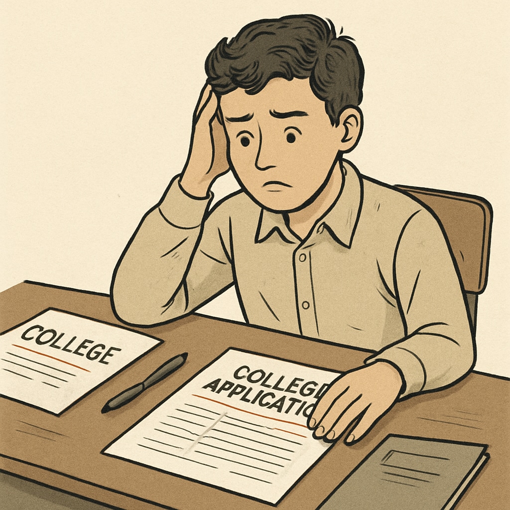 A high school student sitting at a desk, looking confused while reviewing college application materials. High school student reviewing college application materials, representing freshman challenges.
