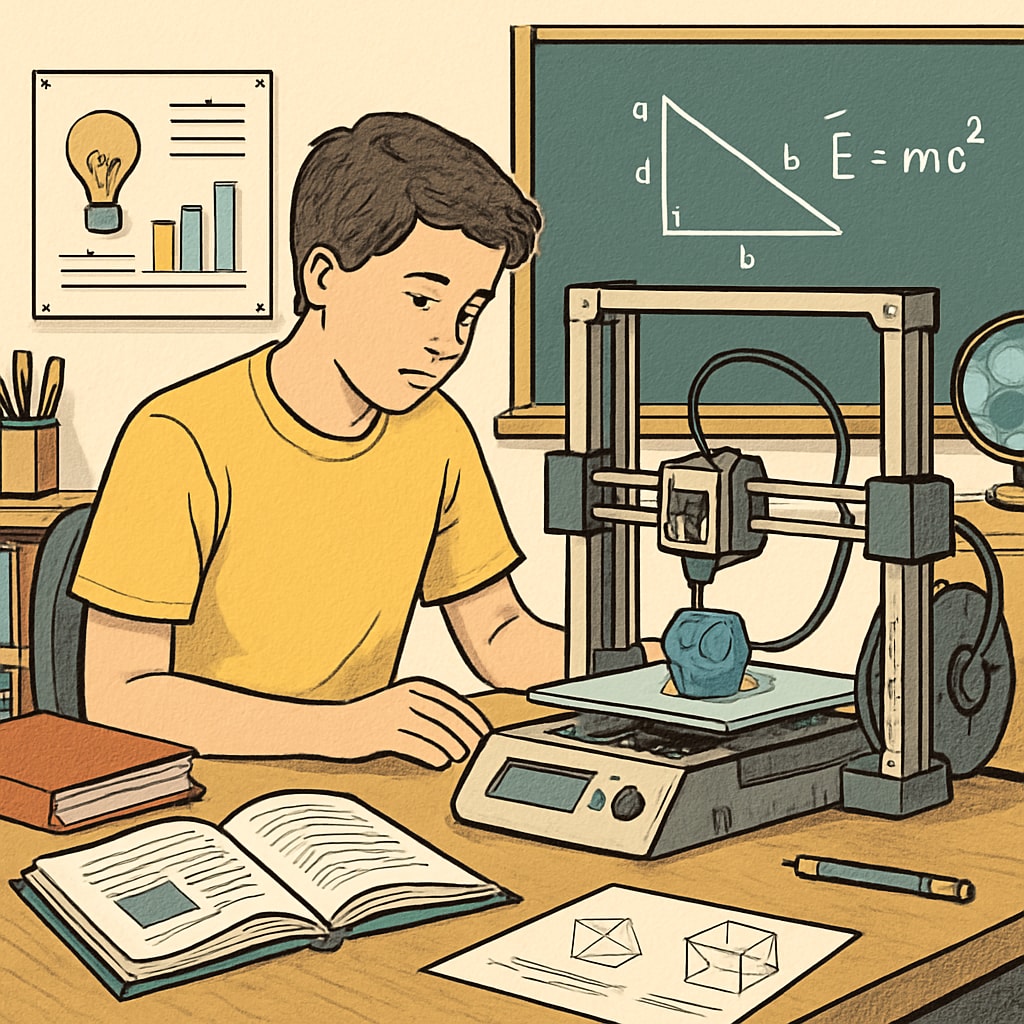 A student operating a 3D printer in a classroom setting, showcasing the integration of technology and traditional academics in CTE programs. A student using a 3D printer in a CTE classroom setting, highlighting the balance between technical skills and traditional academics.