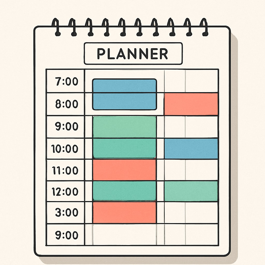 A concept image showcasing a planner or calendar with time slots filled, symbolizing effective time management. Planner with time slots filled, representing effective time management