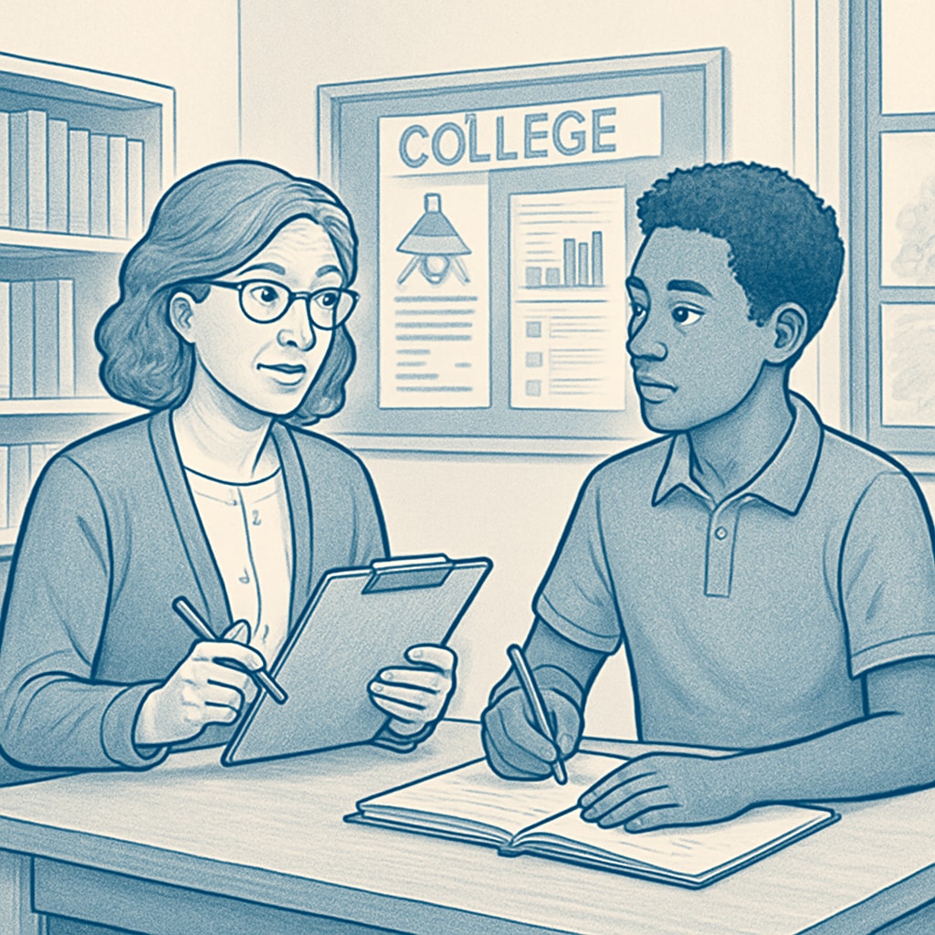 A high school counselor sitting with a student, discussing college application strategies. High school counselor guiding a student on college application strategies.