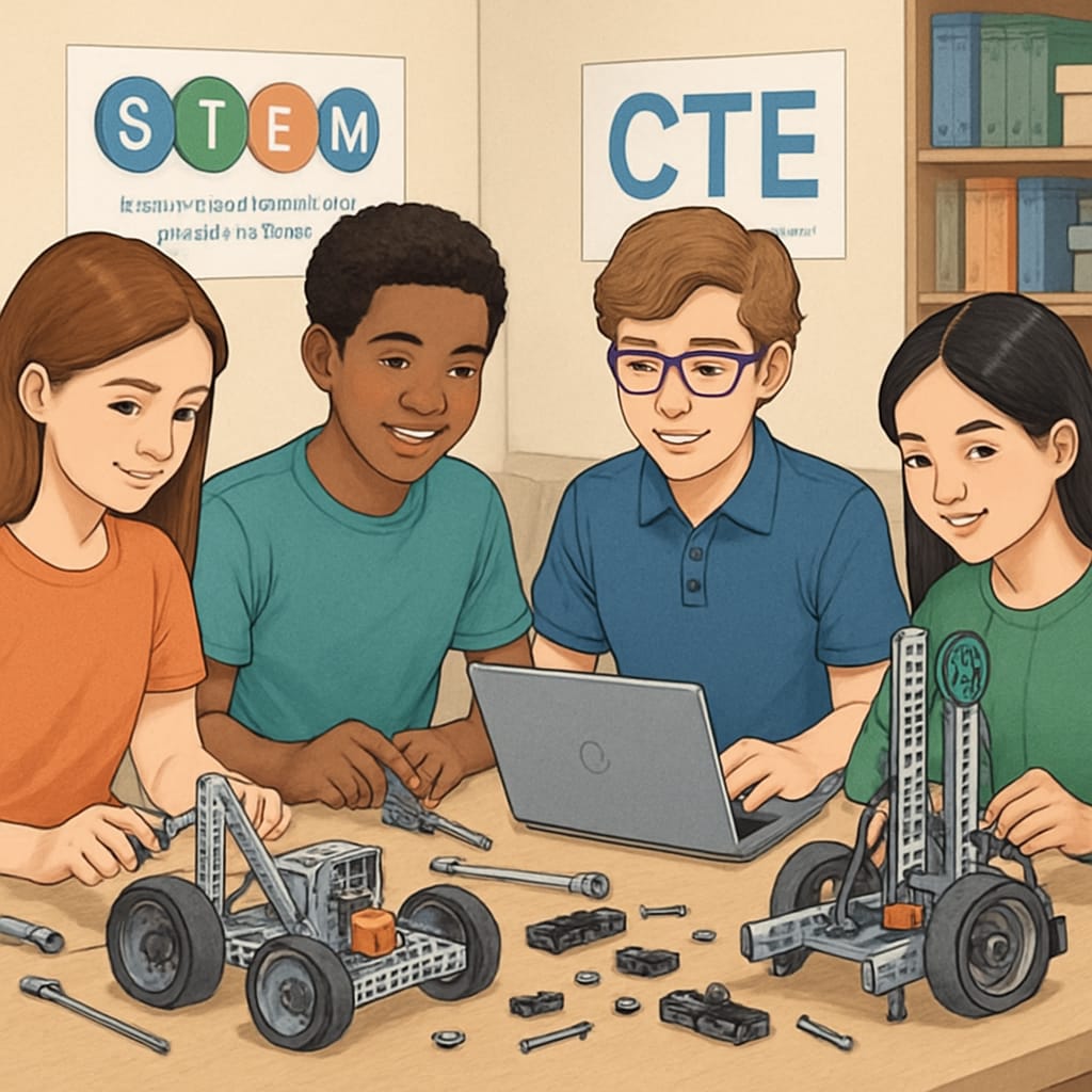 Students participating in a robotics workshop, illustrating a CTE program focused on STEM education. Students engaging in a robotics workshop, representing the integration of CTE and STEM subjects.