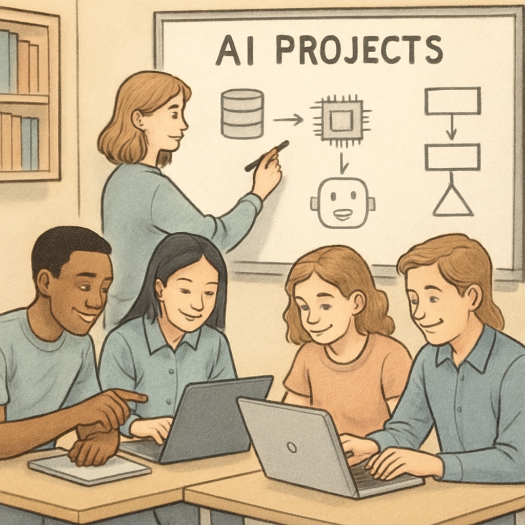 A classroom setting where students collaborate on low-resource AI projects using laptops and whiteboards. Students working on low-resource AI projects in a collaborative classroom setting.