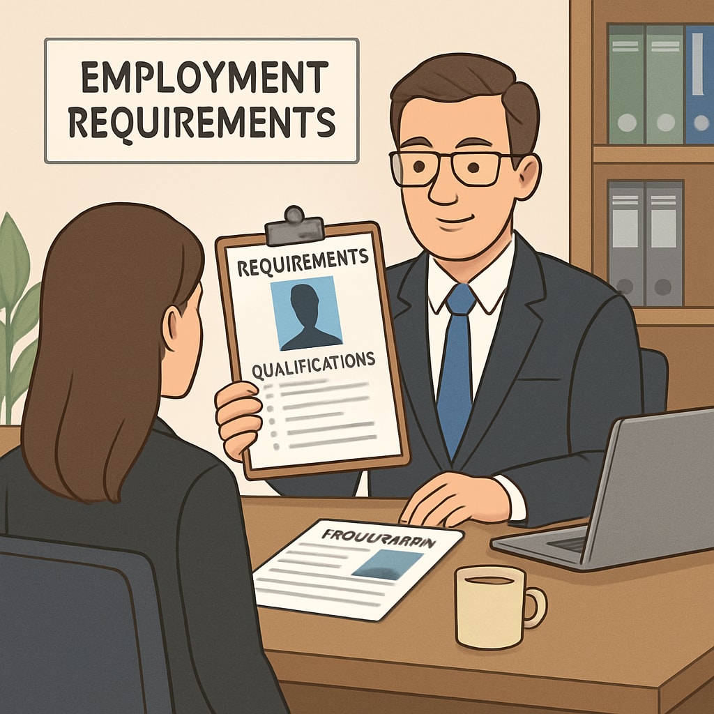 A professional setting showcasing a job interview or workplace compliance, emphasizing employment requirements and qualifications. A workplace setting related to Arizona's employment policy and education certification.