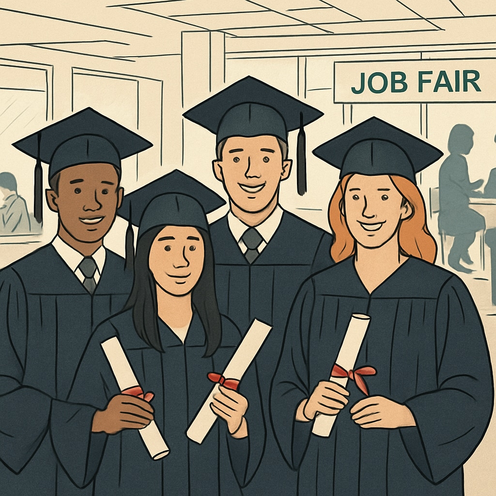 College graduates searching for jobs, highlighting education value and unemployment.