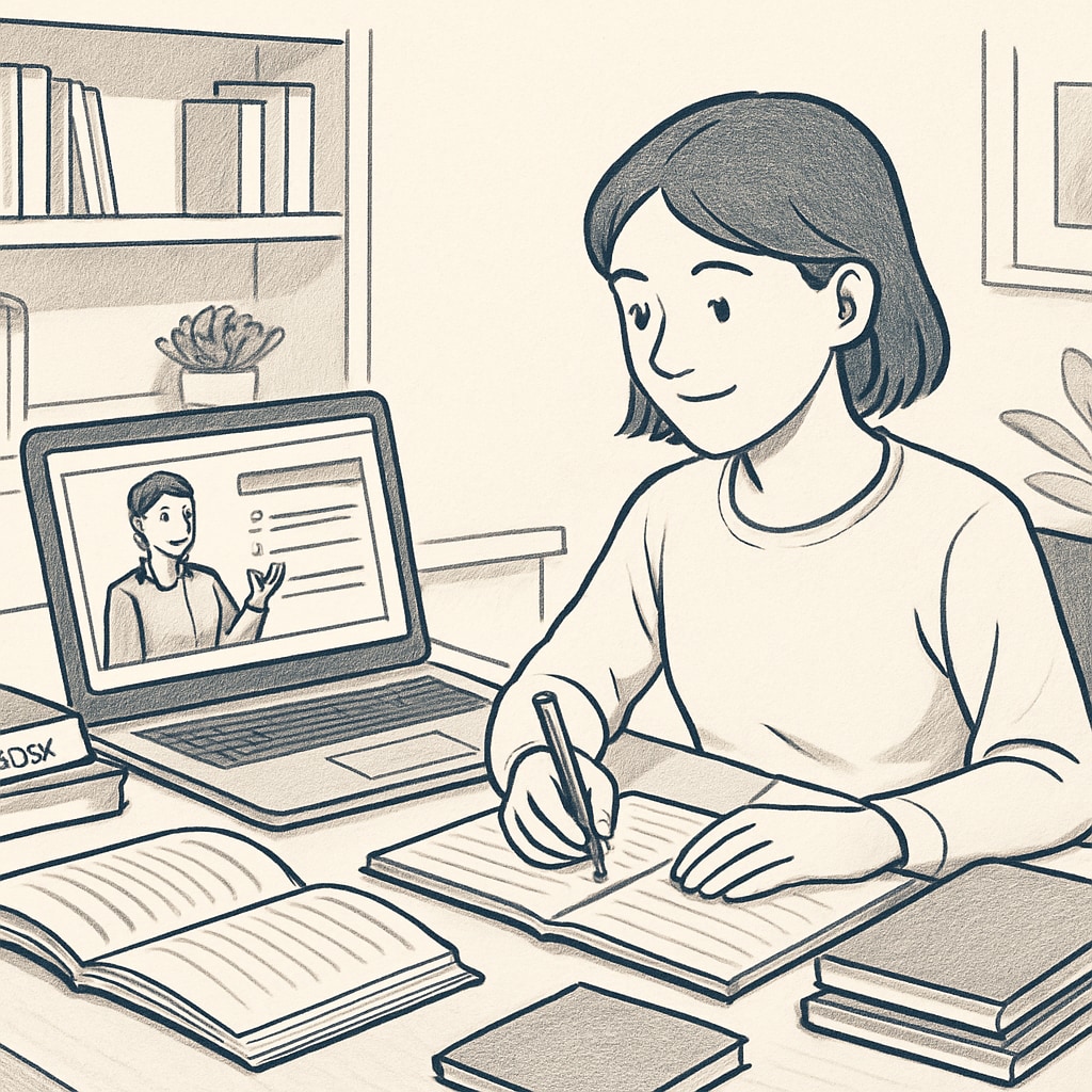 A student using an online learning platform at home, surrounded by notebooks and study materials. Student completing online courses to recover high school credits.