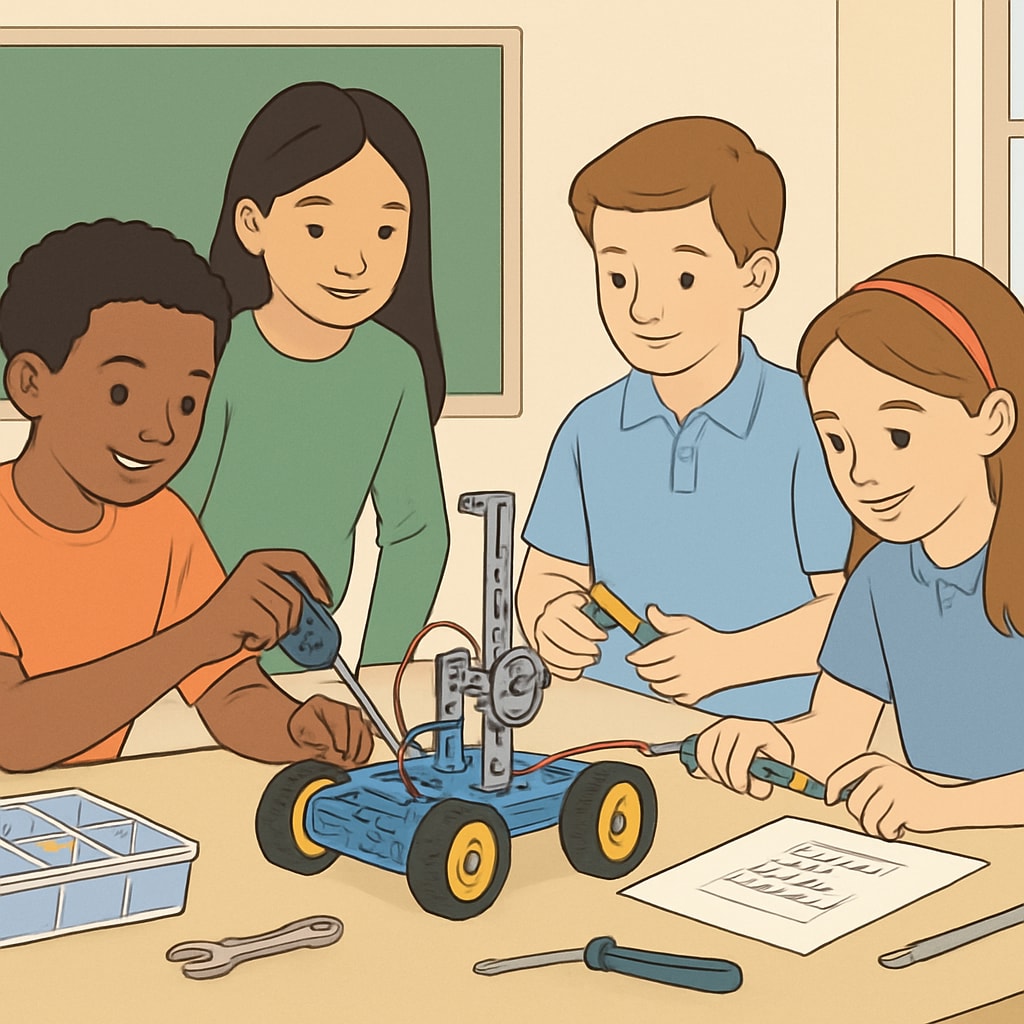 A group of K12 students collaborating on a simple robotics project using basic tools and kits. K12 students working on a beginner-friendly robotics project.