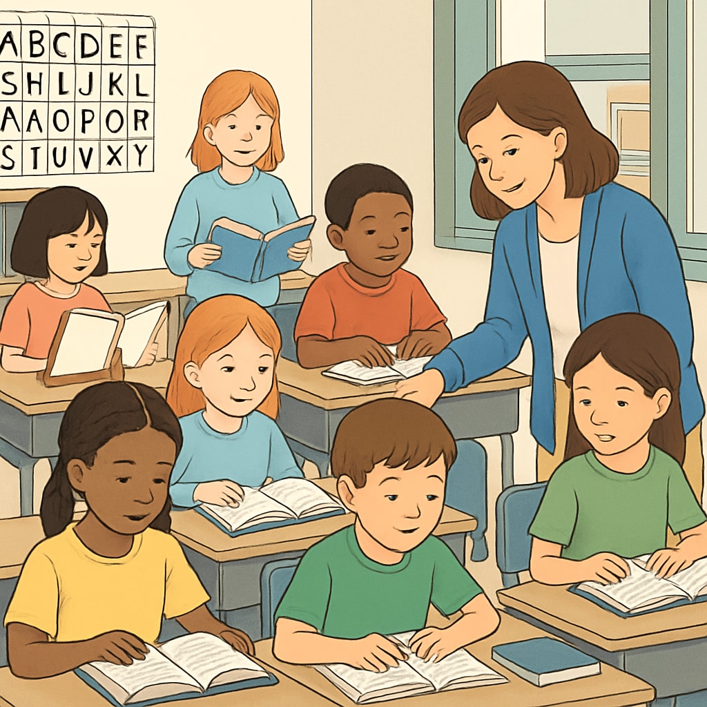 A primary school classroom with children engaged in reading activities, representing different teaching approaches. Children in a classroom reading, showcasing phonics and whole language methods.