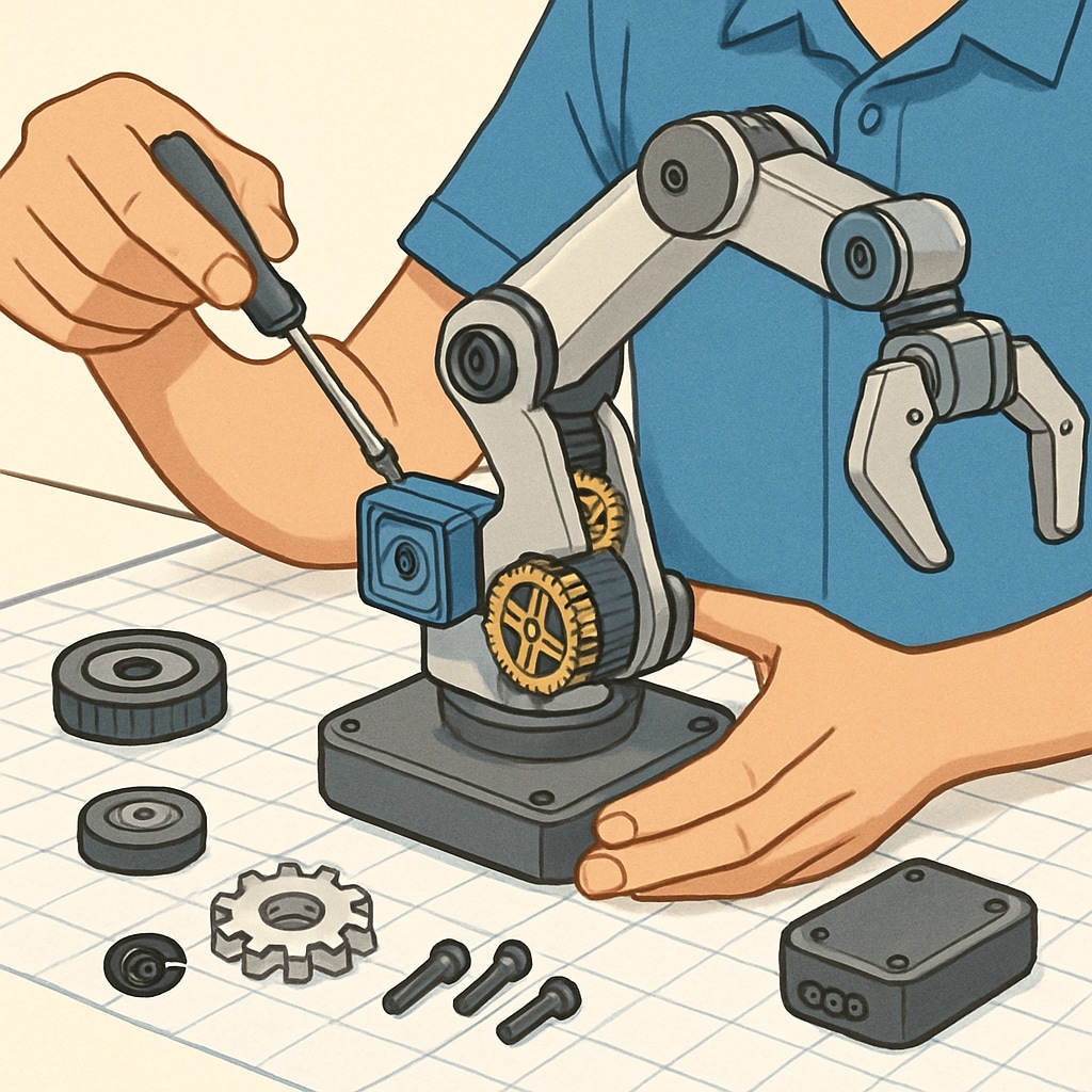Close-up of a student assembling a robotic arm, focusing on gears and sensors. Student assembling a robotic arm in a robotics course.