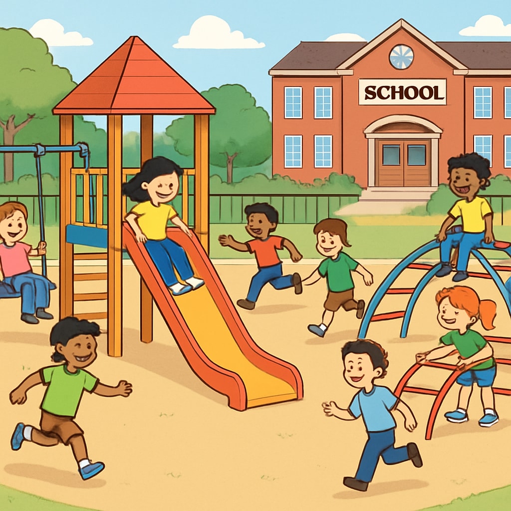 A well-equipped elementary school playground with children playing safely and happily. Elementary school playground with children playing safely and enjoying their time.