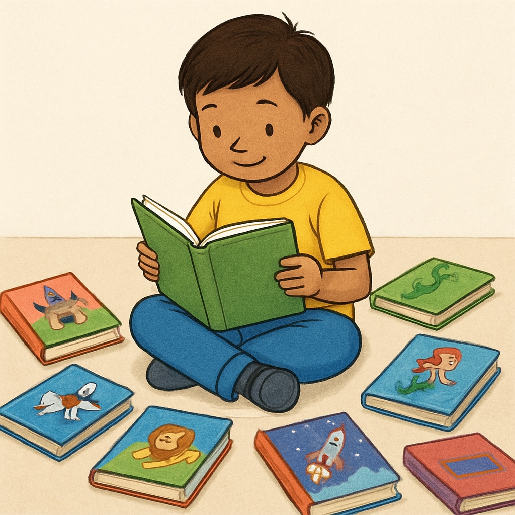A child reading a book independently, surrounded by colorful storybooks, symbolizing the joy of reading. Child reading a book, emphasizing the importance of blending phonics and whole language.