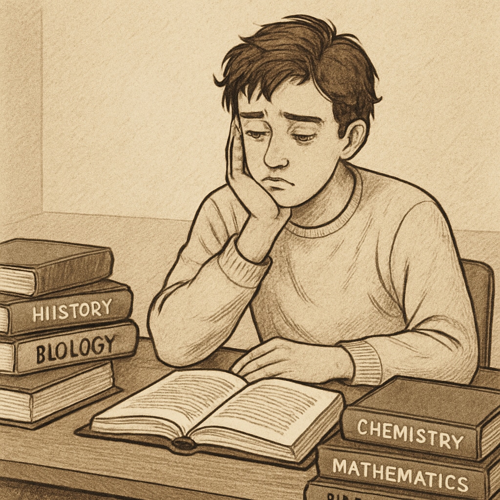 A young student sitting at a desk, looking disengaged and surrounded by academic textbooks. The image illustrates the lack of motivation and academic struggles faced by many university students. Disengaged student struggling with academic motivation and major disinterest.