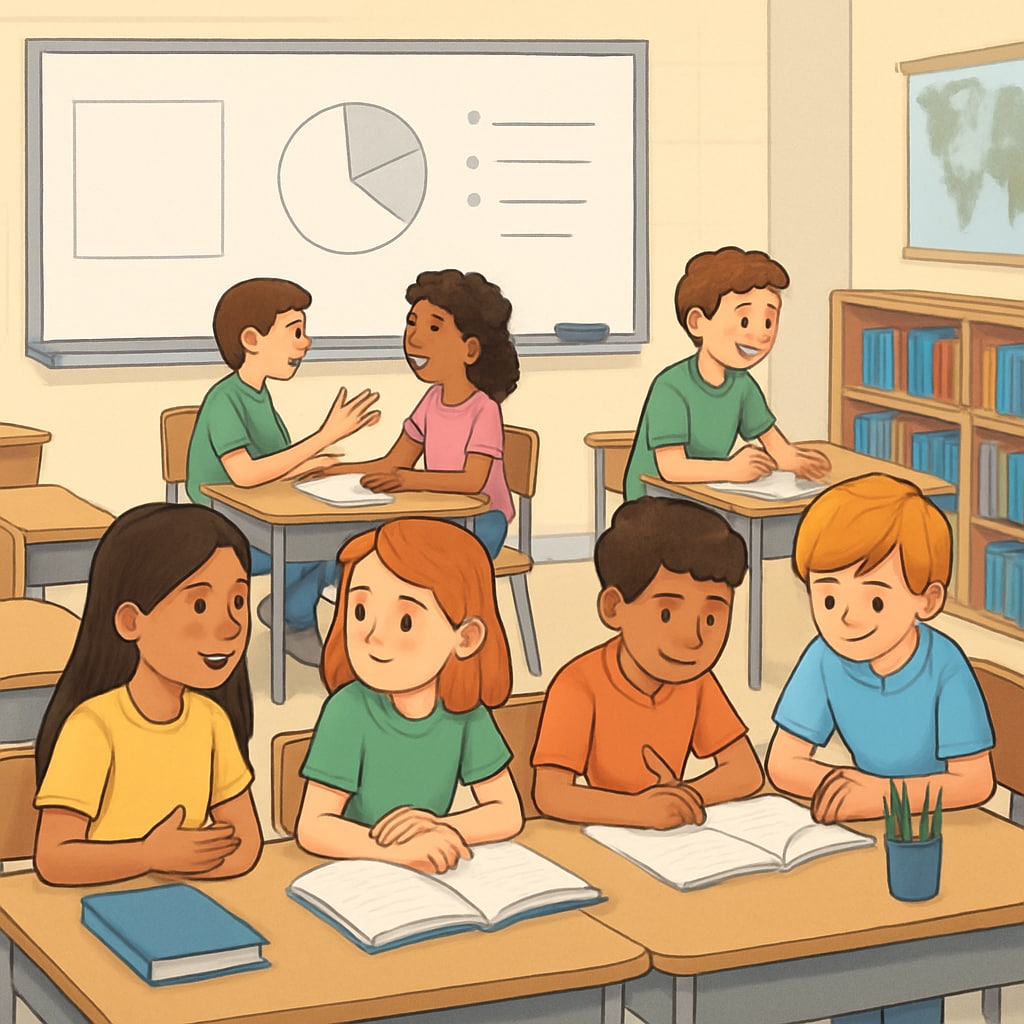 A classroom setting with students engaging in collaborative activities to highlight alternative assessment methods. Students collaborating in a classroom as part of alternative assessment approaches.