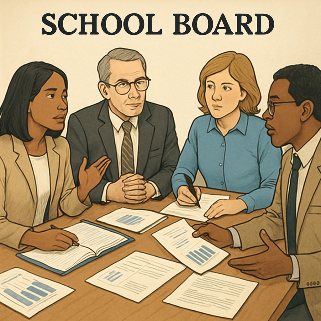 A diverse group of school board members engaged in a collaborative discussion about educational policies. School board members discussing governance strategies for education reform.