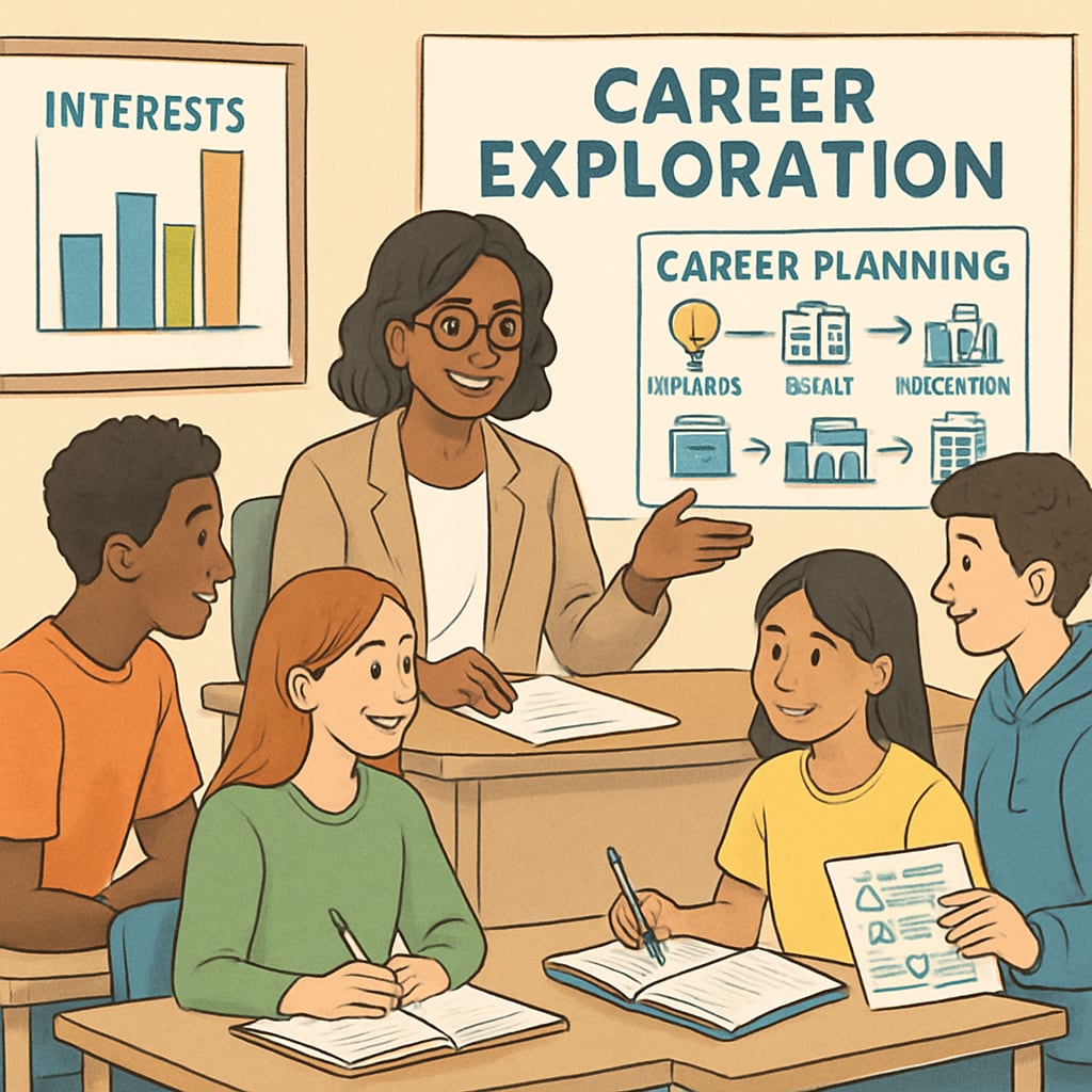 An educational counselor guiding a group of high school students through career exploration activities. The image highlights the importance of career planning and interest development in K12 education. Career counselor assisting high school students in exploring interests and potential careers.