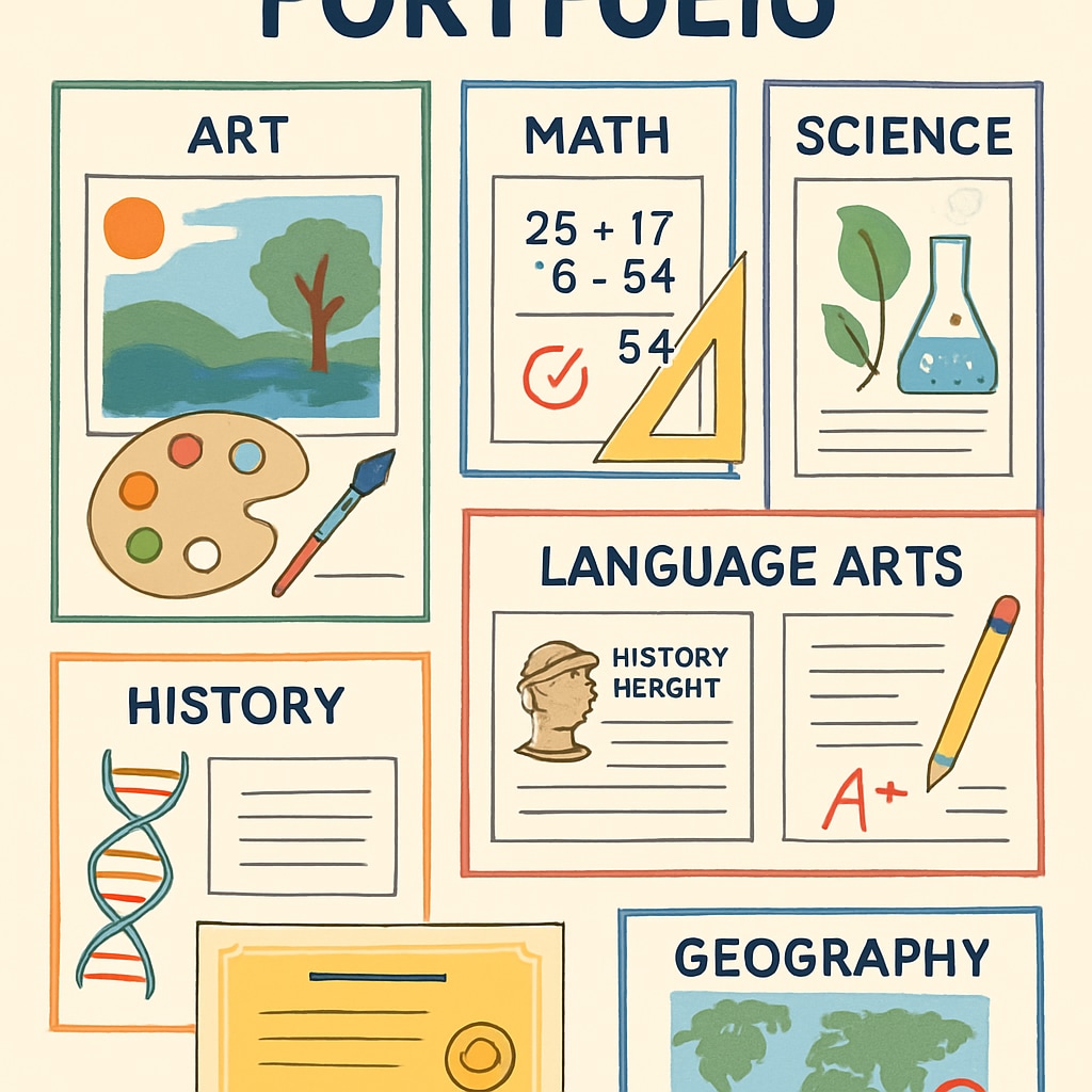 A portfolio display showing student projects and achievements in various subjects. A student portfolio showcasing diverse projects and academic achievements.