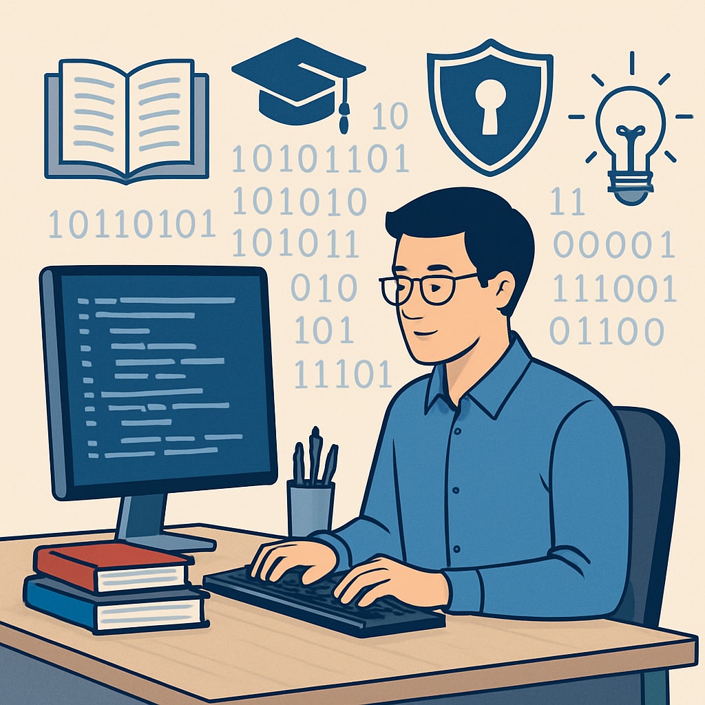 Cybersecurity analyst working on a computer, representing education and career.