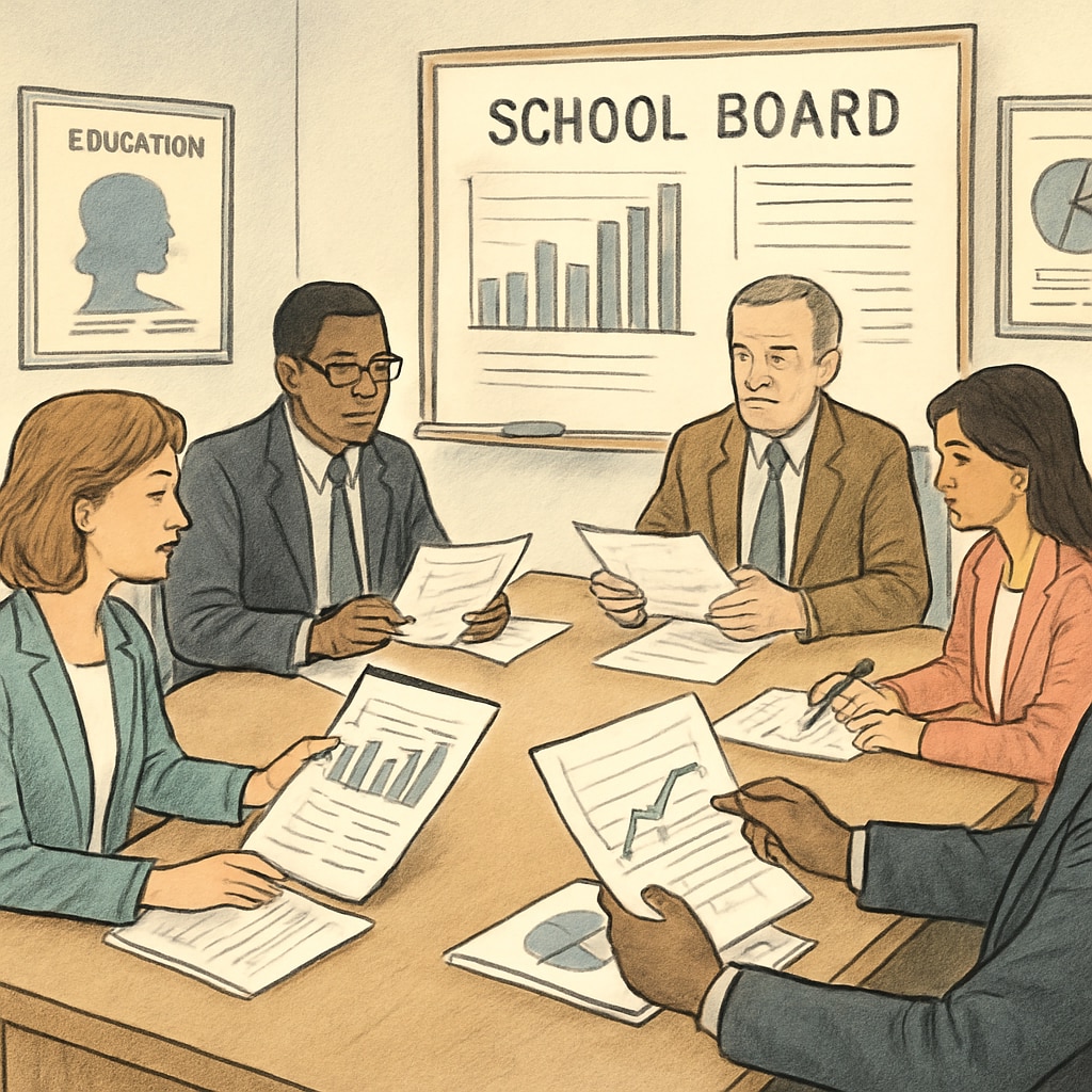 A school board meeting where members are reviewing data and discussing policies to ensure informed decision-making. School board members analyzing data to support education reforms.