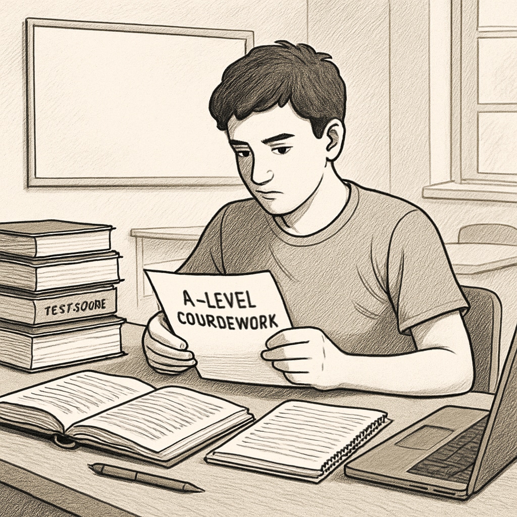 A student studying A-level materials for US university admission.