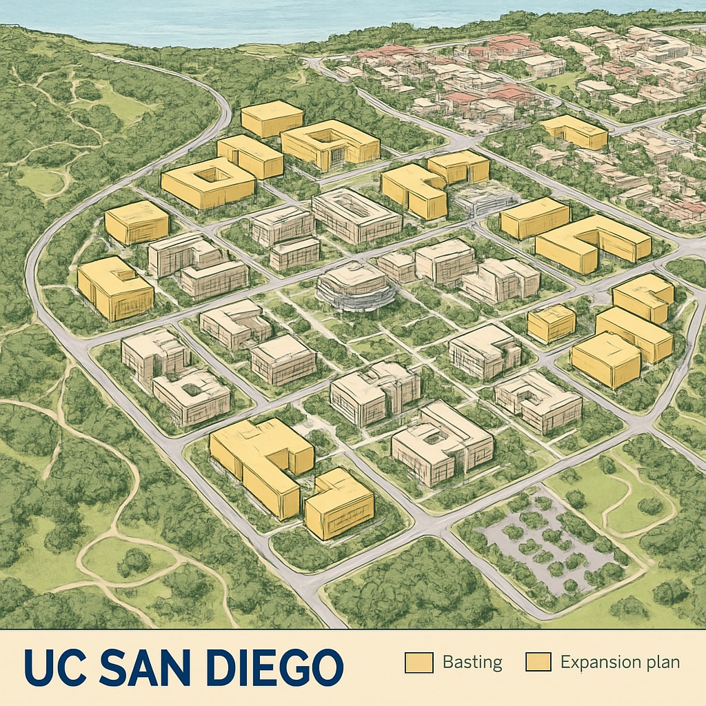 Aerial view of UC San Diego campus, showcasing infrastructure growth and expansion plans. UC San Diego campus expansion highlighting infrastructure development, related to higher education.