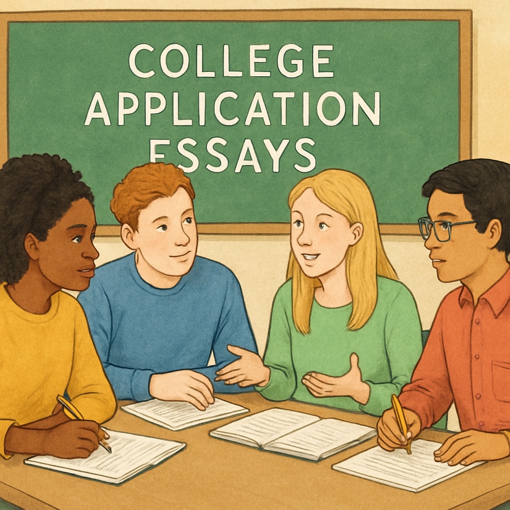 Students collaborating on college application essays for US universities.