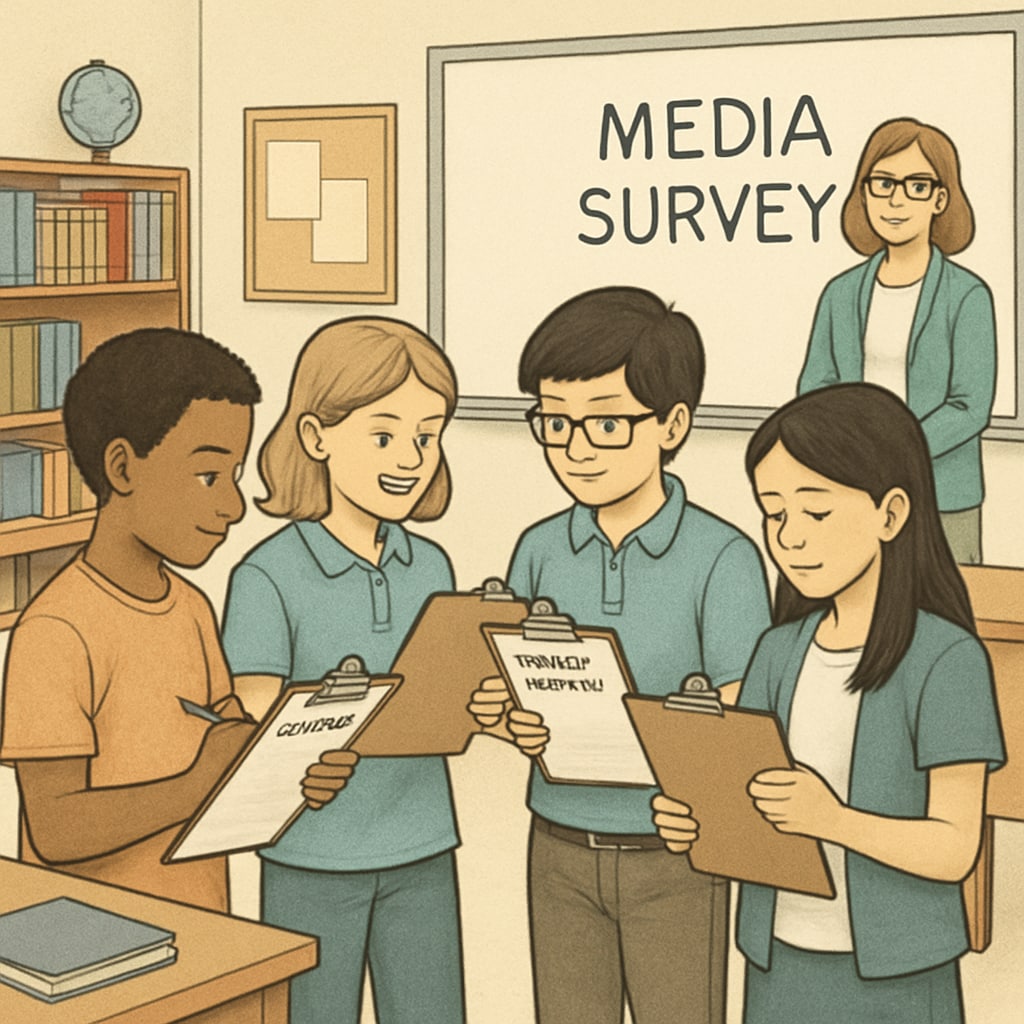 A group of K12 students conducting a media survey in a classroom setting, reflecting teamwork and academic collaboration. K12 students working collaboratively on a media survey project in school.