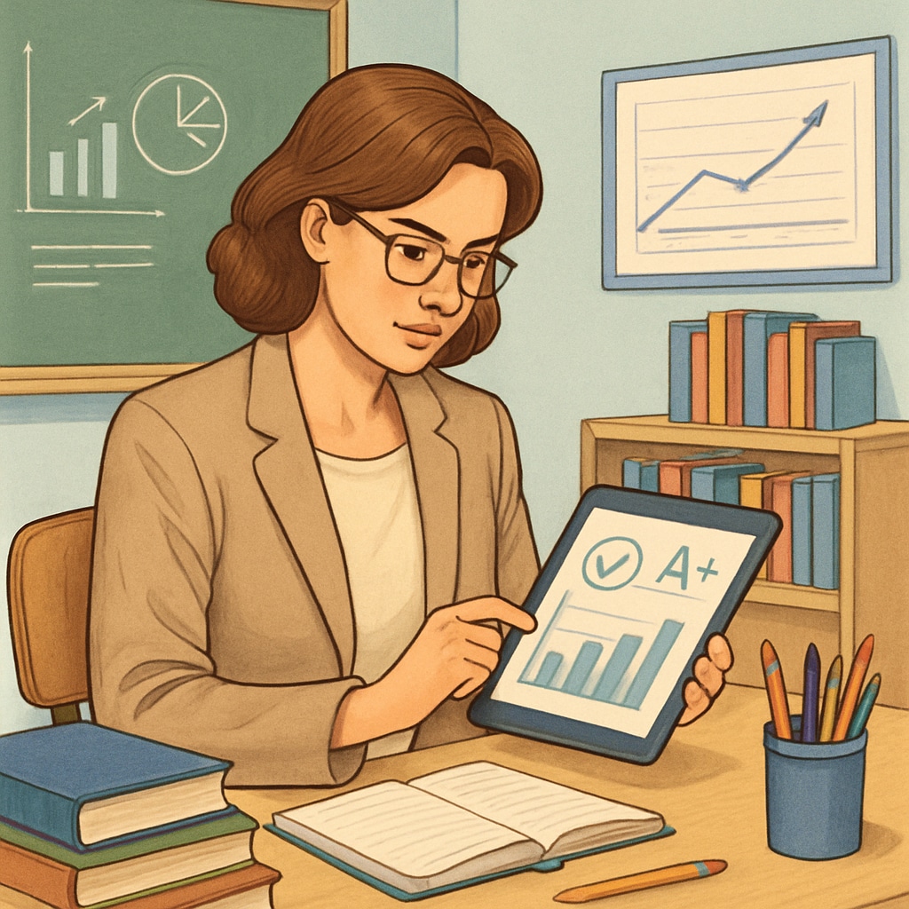 A teacher reviewing K12 student test results on a tablet, emphasizing the importance of quality educational tools. Teacher analyzing K12 student test resources on a tablet