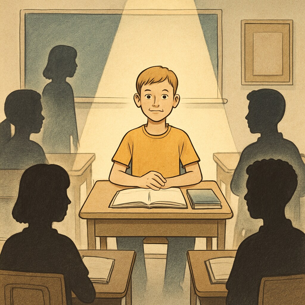 A classroom setting where one student is spotlighted while others are in shadow, illustrating the divisive nature of labels. A classroom showing the isolating effect of the