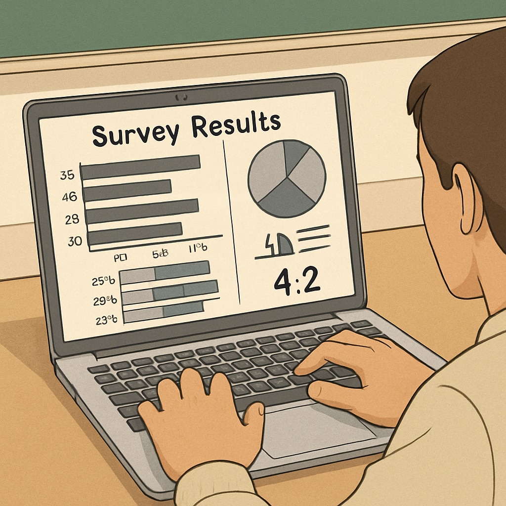 Close-up of a student analyzing survey results on a laptop, showcasing data visualization and interpretation. Student analyzing survey data for media research project using a laptop.