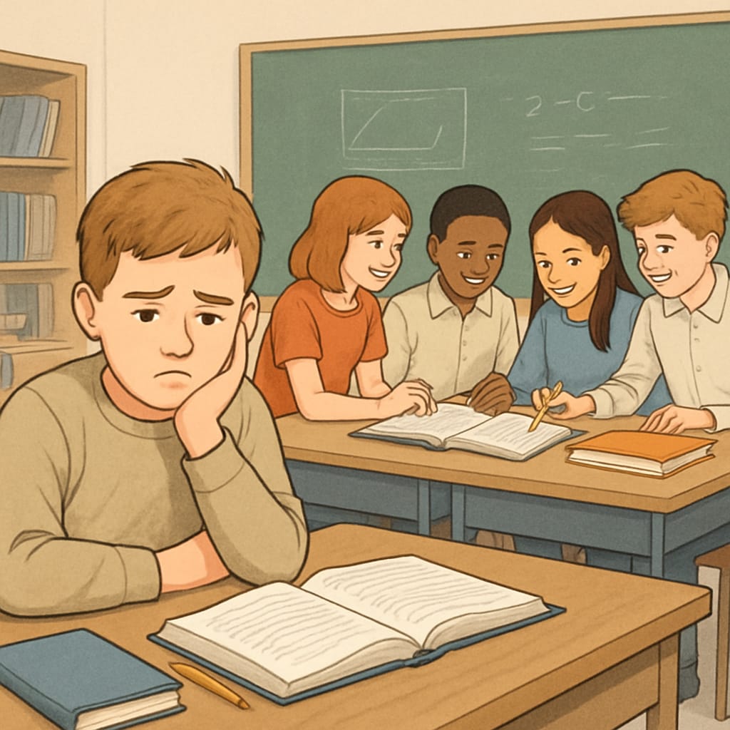 A student sitting alone at a desk, looking discouraged while others collaborate nearby, representing the psychological impact of being labeled as A discouraged student sitting alone, excluded from group activity.