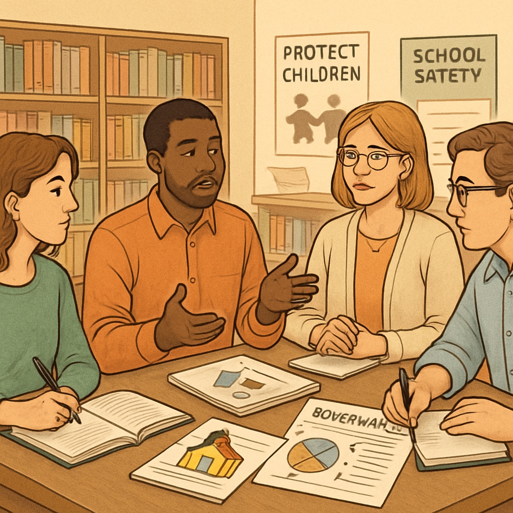 A group of parents and teachers discussing policies to protect children in schools. They are seated in a library or community center, brainstorming ideas for better governance. Parents and teachers discussing child protection policies in schools