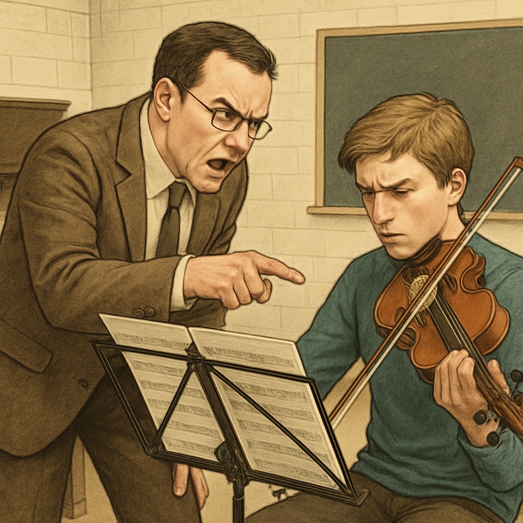 A teacher intensely guiding a student during a challenging music rehearsal, illustrating the concept of strictness in education methods. A teacher guiding a student in music practice, representing strict education methods.