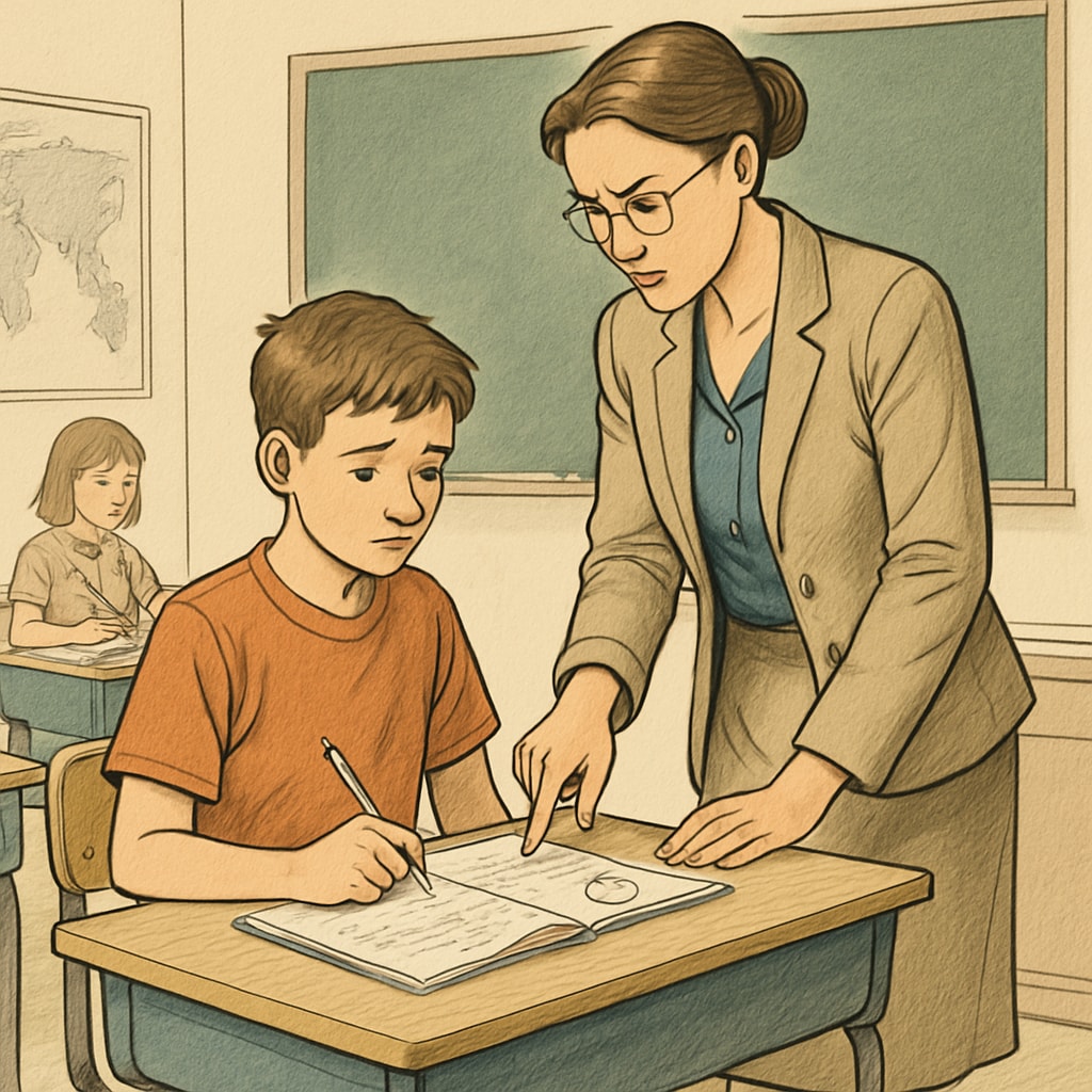 A classroom setting with a teacher providing constructive feedback to a student, highlighting the balance between care and strictness. A teacher offering feedback in a classroom, showcasing the balance between care and strictness.