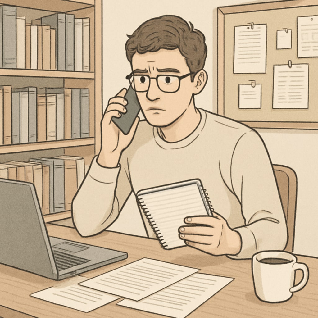 A graduate student struggling to contact a school counselor for academic interviews. Graduate student attempting to connect with a school counselor for an interview.