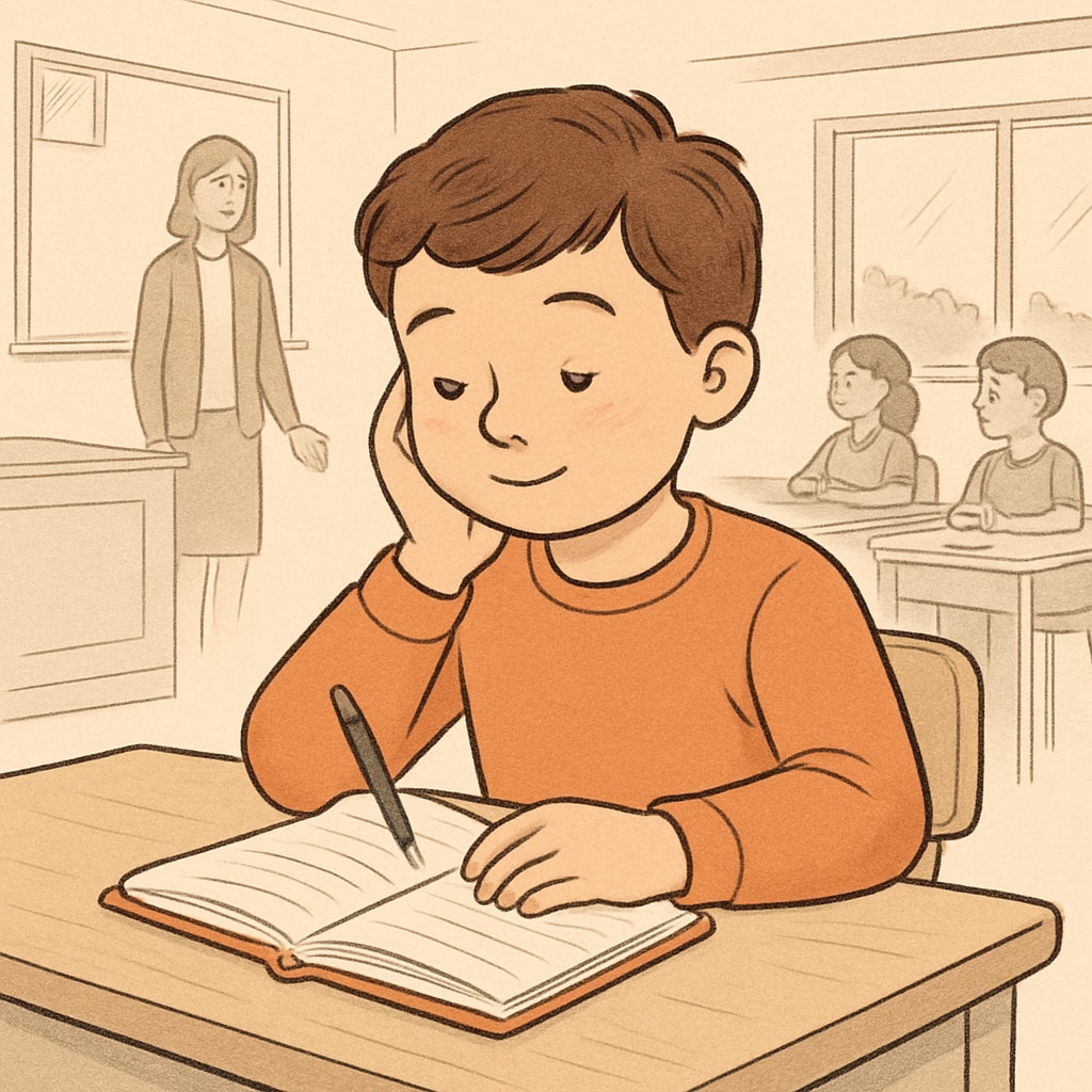 A child journaling about their emotions during a guided emotional reflection activity. A child writing in a journal as part of emotional education exercises.