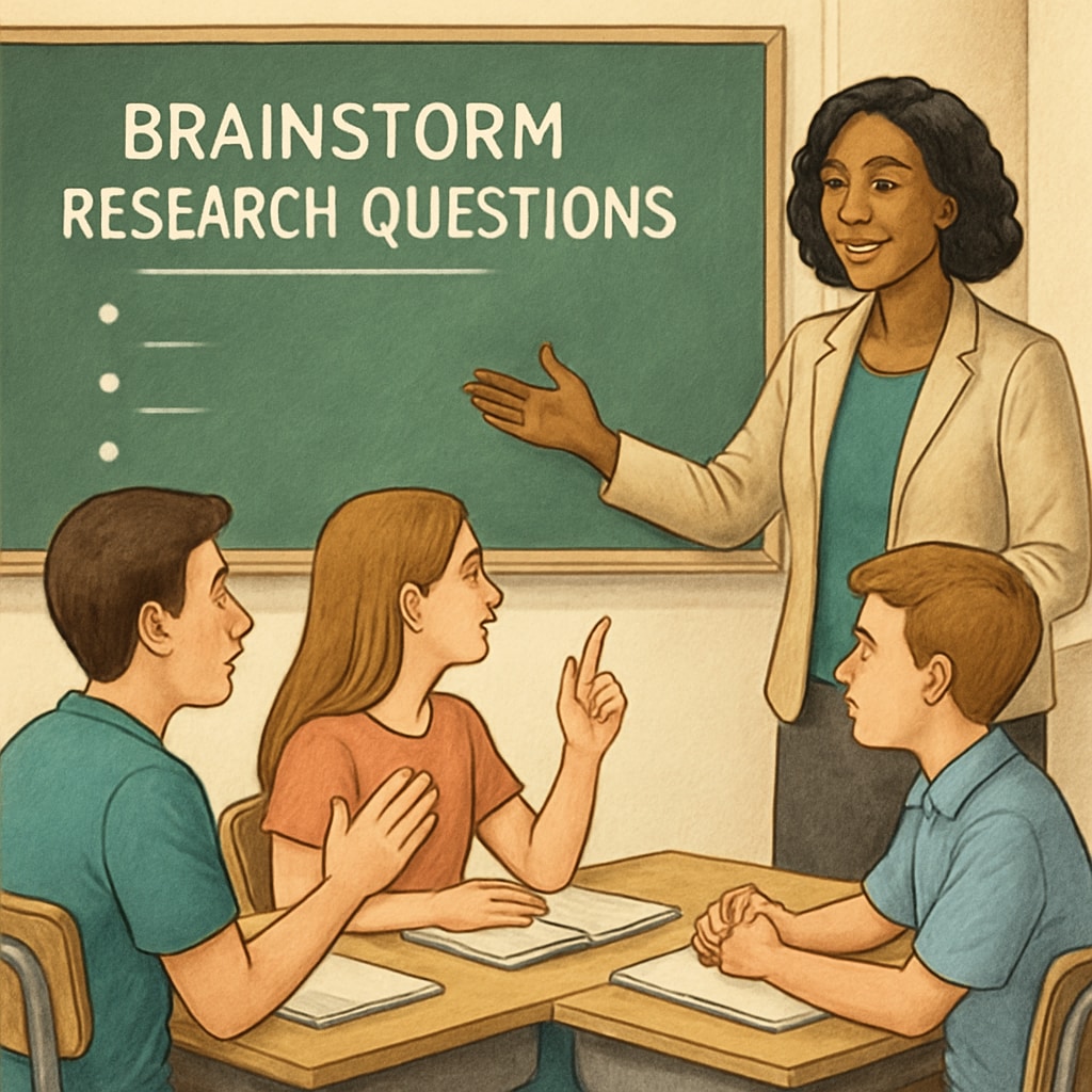 Teacher helping students brainstorm research questions in a classroom