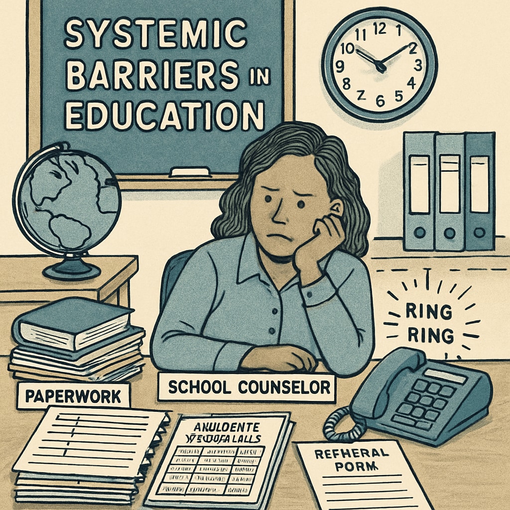 Systemic barriers in education illustrated through a school counselor’s busy schedule. Illustration of systemic barriers affecting school counselors’ schedules and researchers’ access.