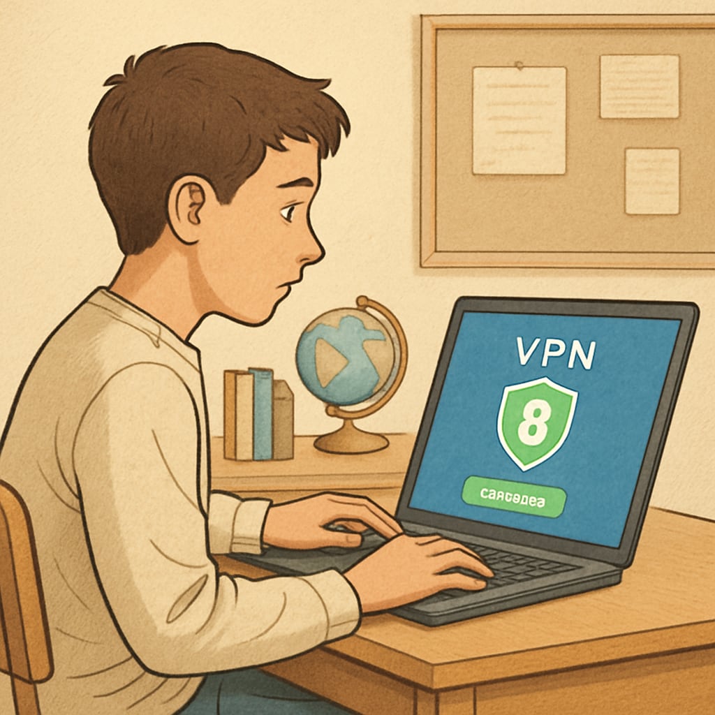 A teenager using a laptop with a VPN application open, symbolizing the impact of the UK Age Verification Law on digital behavior. Teenager using a VPN on a laptop, reflecting UK Age Verification Law impact
