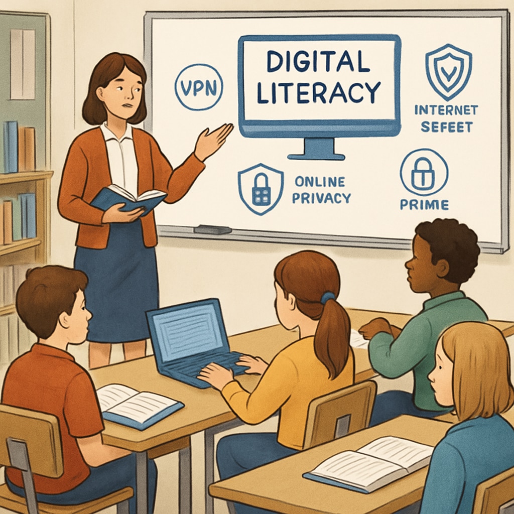A classroom setting where students are being taught about digital literacy, with a teacher explaining concepts like VPNs and internet safety. Classroom discussion on VPNs and digital literacy education