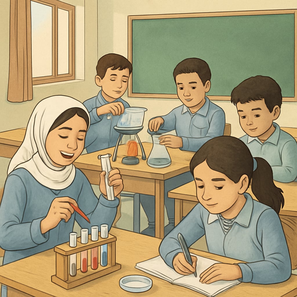 Gaza students participating in science lessons with teaching materials.