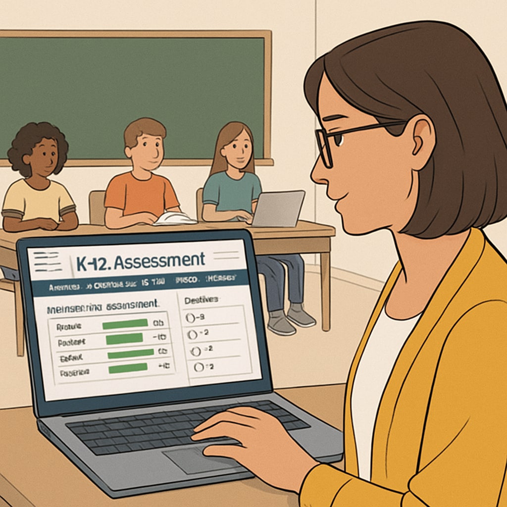 A screenshot of a teacher using a digital K12 assessment platform with students visible in the background. Teacher utilizing a K12 assessment resource on a digital platform with students nearby.