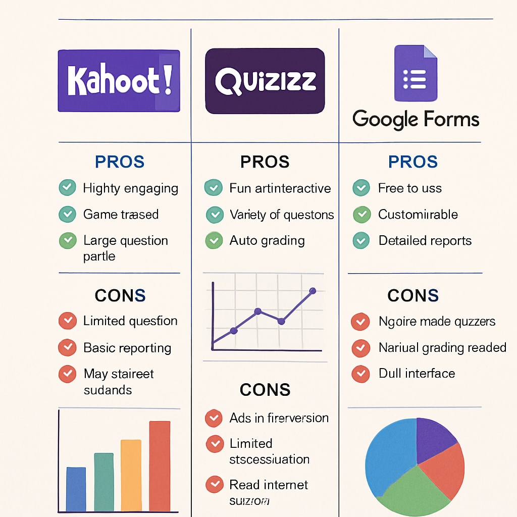 An infographic comparing the features of three popular K12 assessment platforms, highlighting their pros and cons. Comparison of features across popular K12 student assessment platforms.