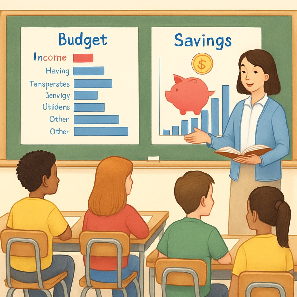Students learning financial literacy in a classroom using charts and graphs.
