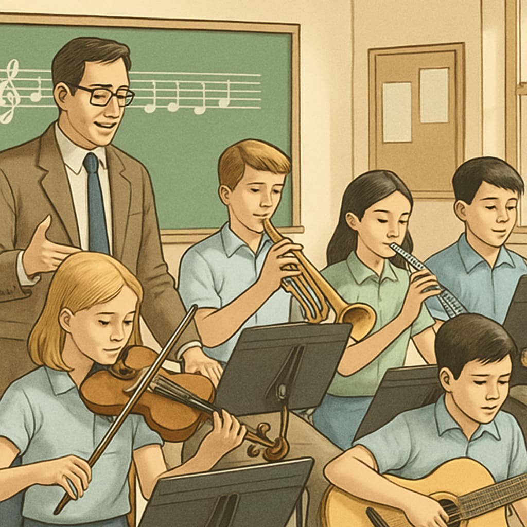 Students practicing music under teacher guidance, illustrating strict education methods.
