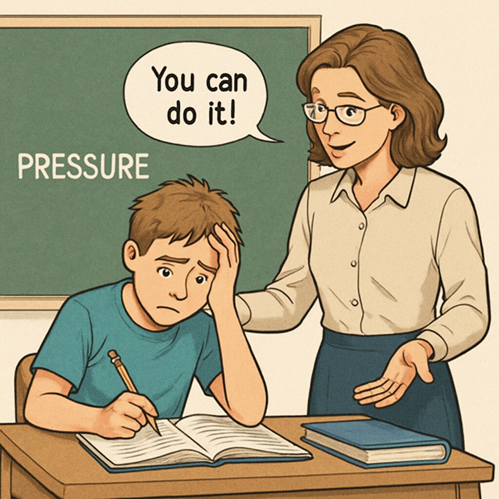 Teacher motivating a student during a challenging task, illustrating ethical teaching balance.