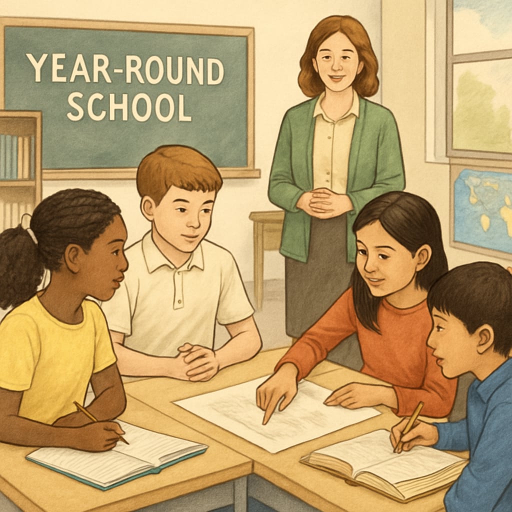 Students participating in a collaborative learning activity during a year-round school schedule. Students engaging in group learning during a year-round school calendar.