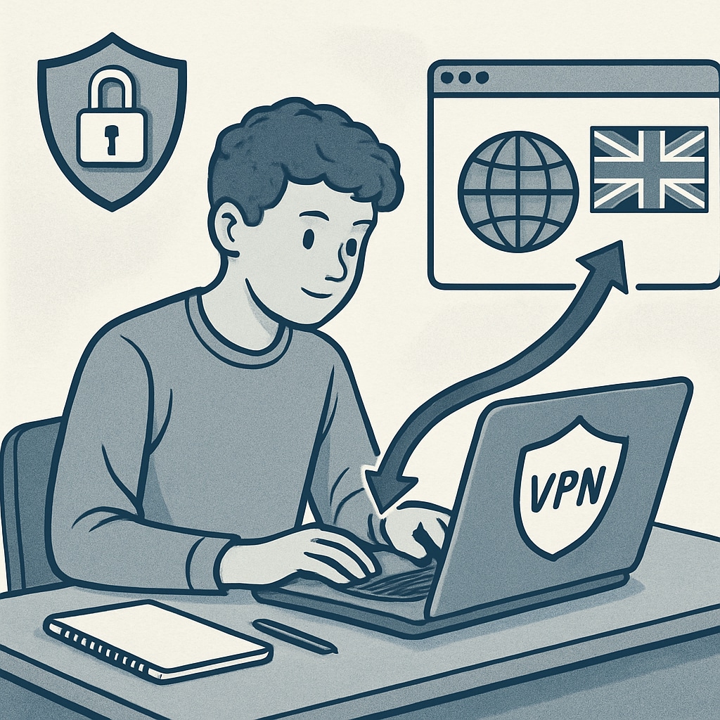 Teenager using a laptop with VPN in the UK, bypassing age verification.