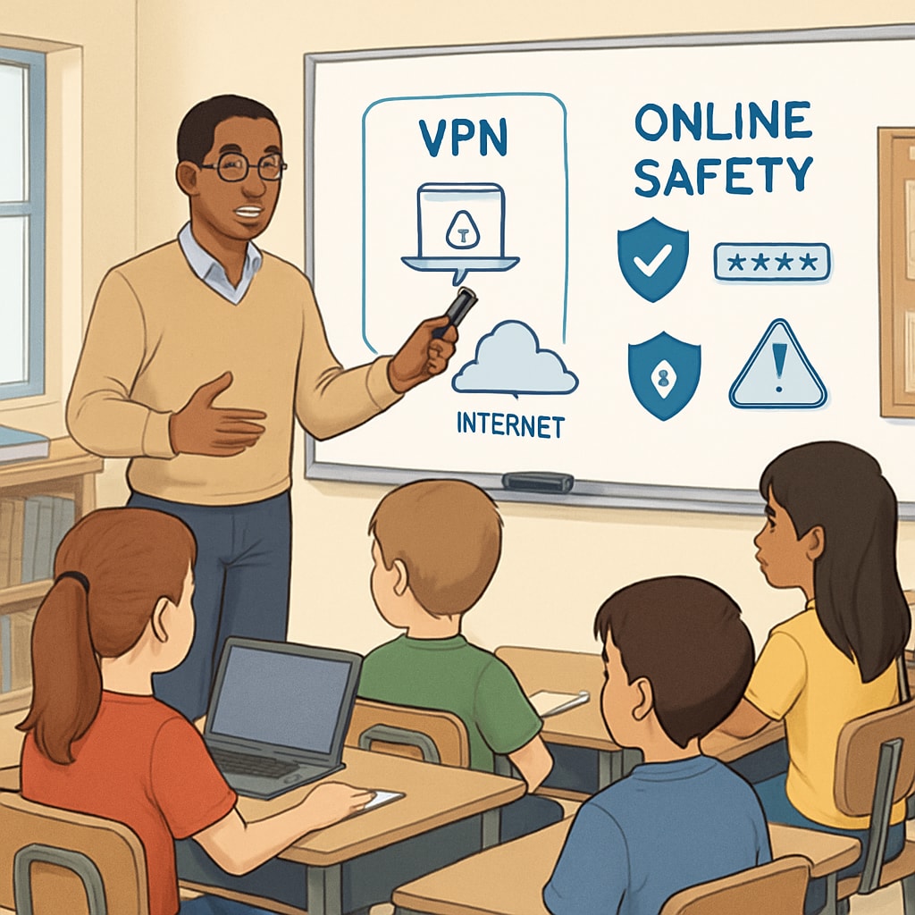 Teacher explaining digital literacy concepts, including VPNs, to K12 students.