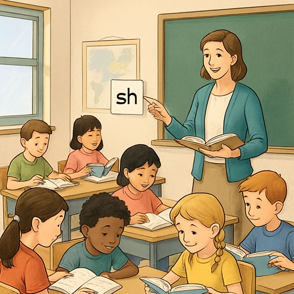 Children reading in a classroom while teacher conducts phonics instruction