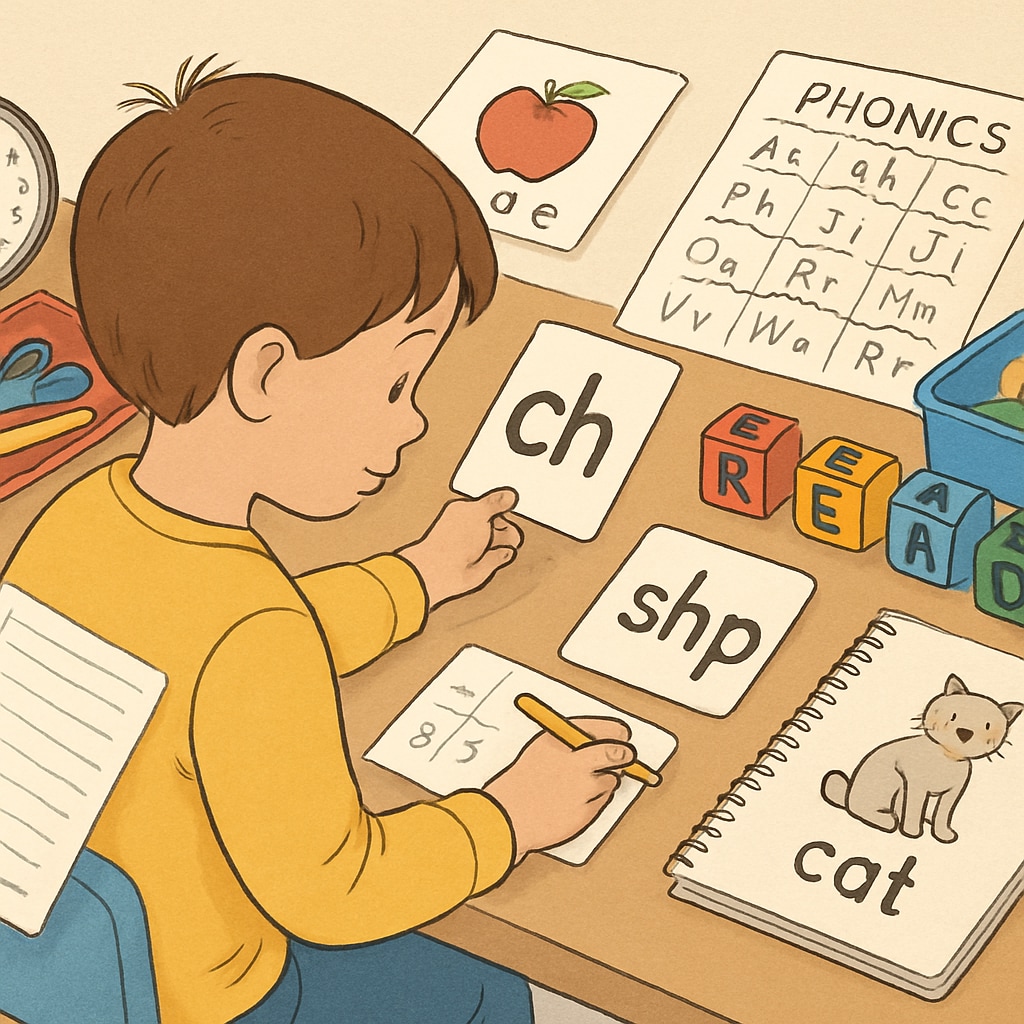 Child practicing phonics using flashcards and letter blocks