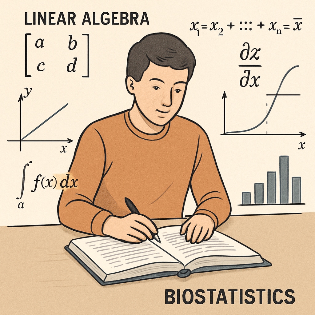 A student studying linear algebra and calculus from a textbook, representing their importance in biostatistics preparation. A student reviewing linear algebra and calculus concepts for biostatistics.